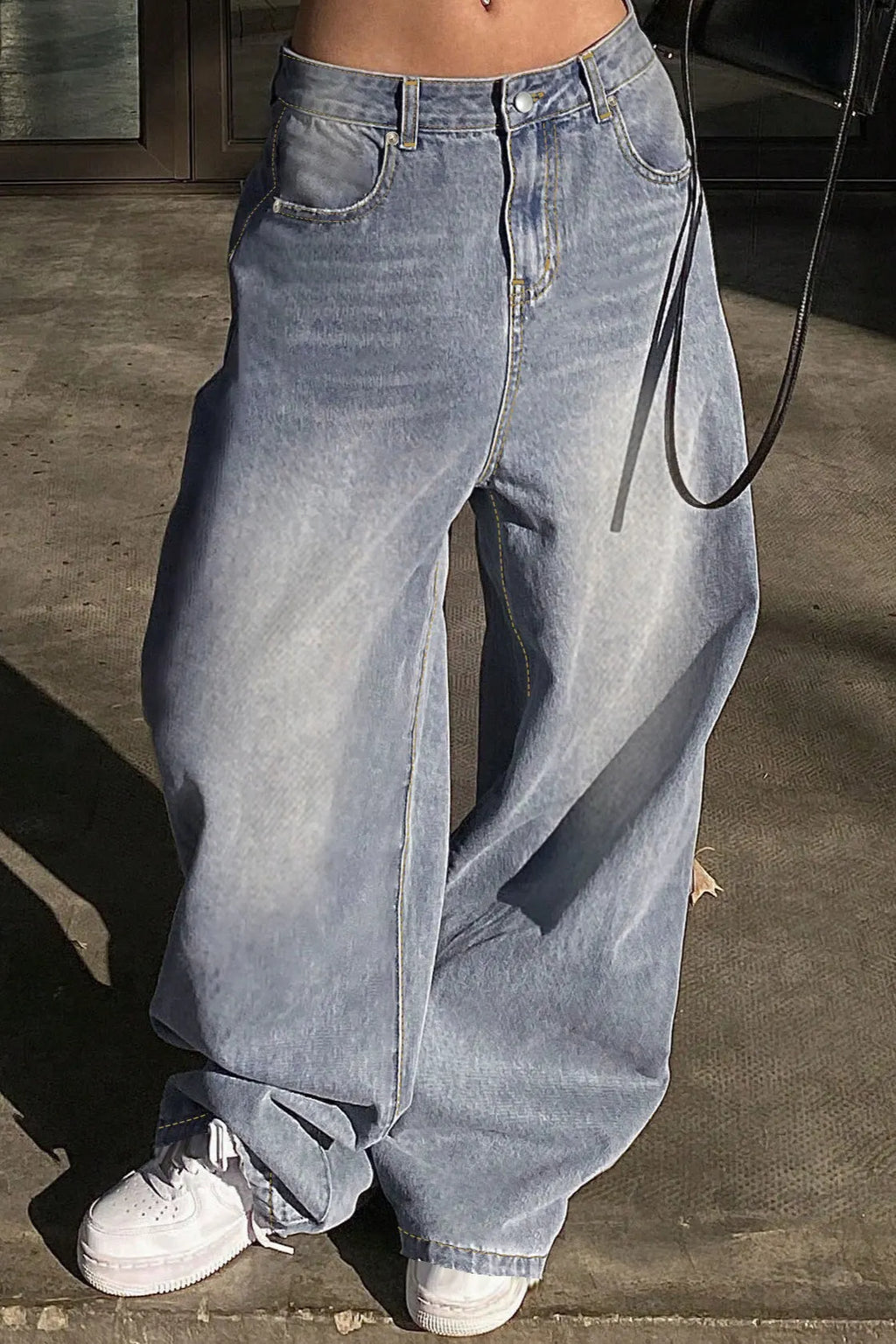 Washed Wide Leg Floor Length Jeans