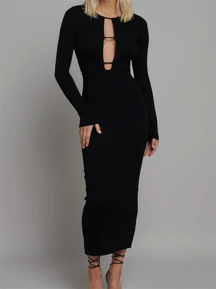 Round Neck Hollow Out Party Clubwear for Women Backless Sleeve Solid Color Slim Fit Vestidos