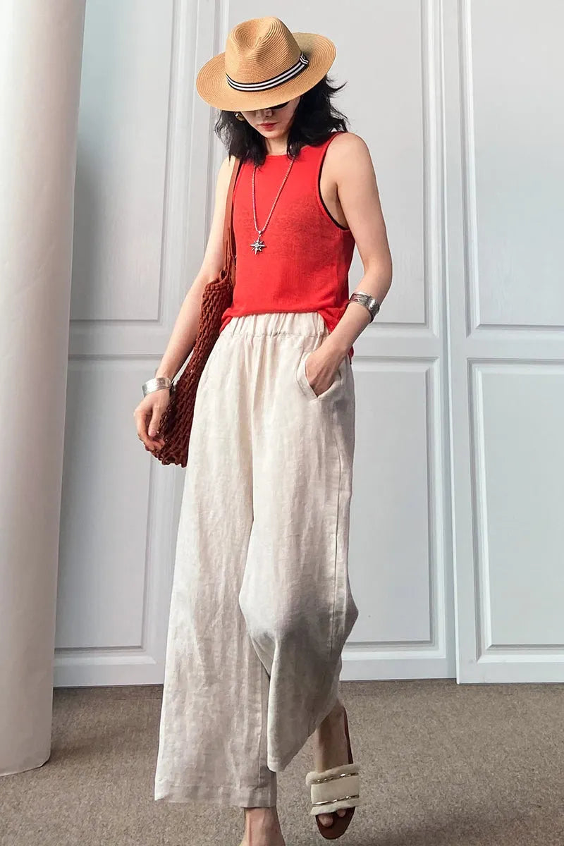 Beige Cotton Linen Wide Leg Pants - Loose Fit with Elastic Waist 3496