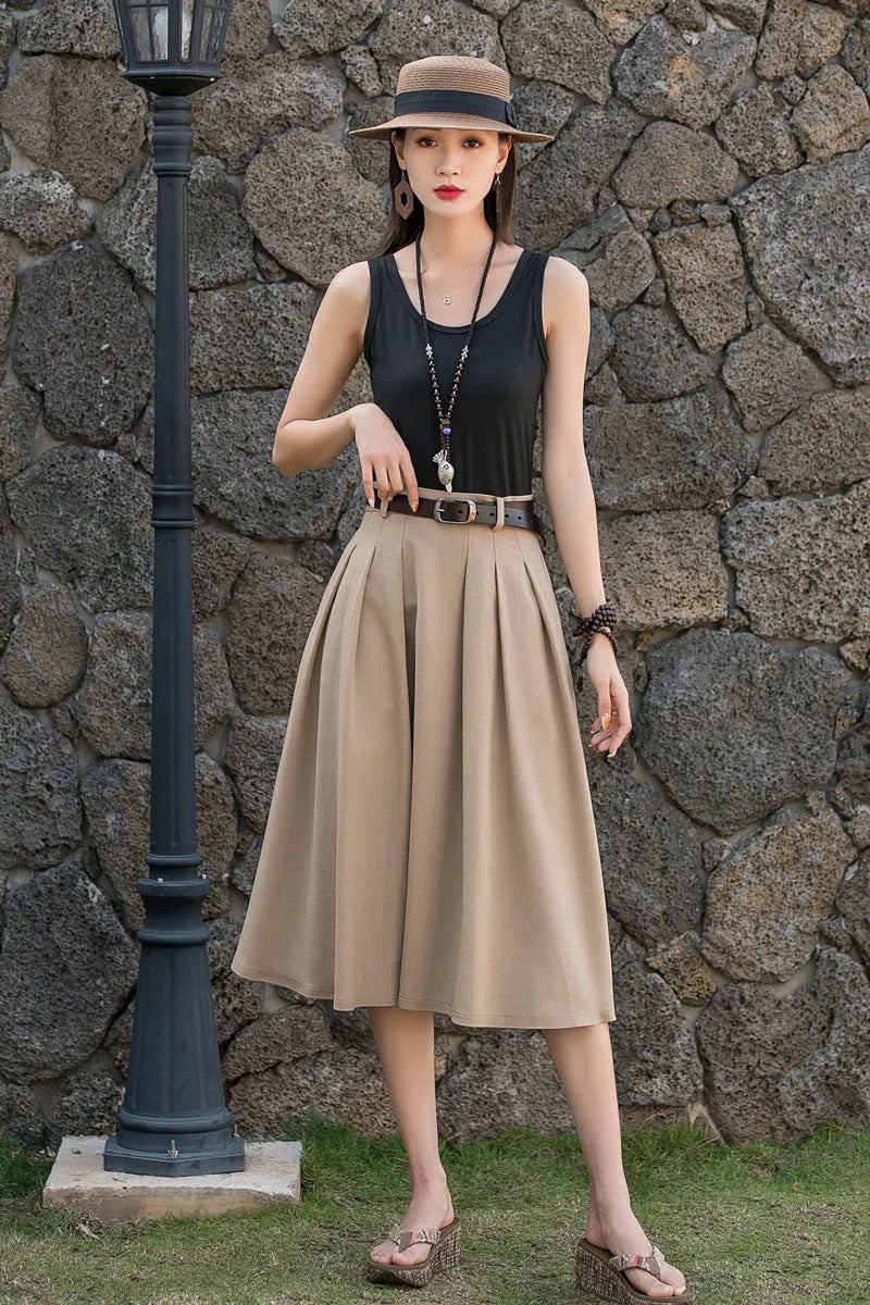 Navy Linen-Cotton A-Line Midi Skirt - Pleated High Waist with Pockets 2776