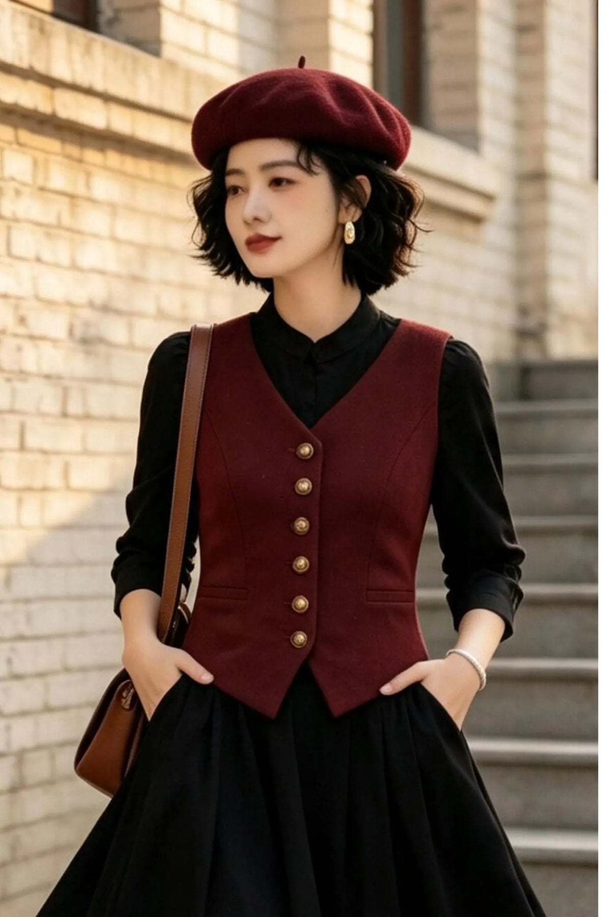 Red Wool Blend Fit & Flare Sleeveless Top - V-Neck Button Front 6901