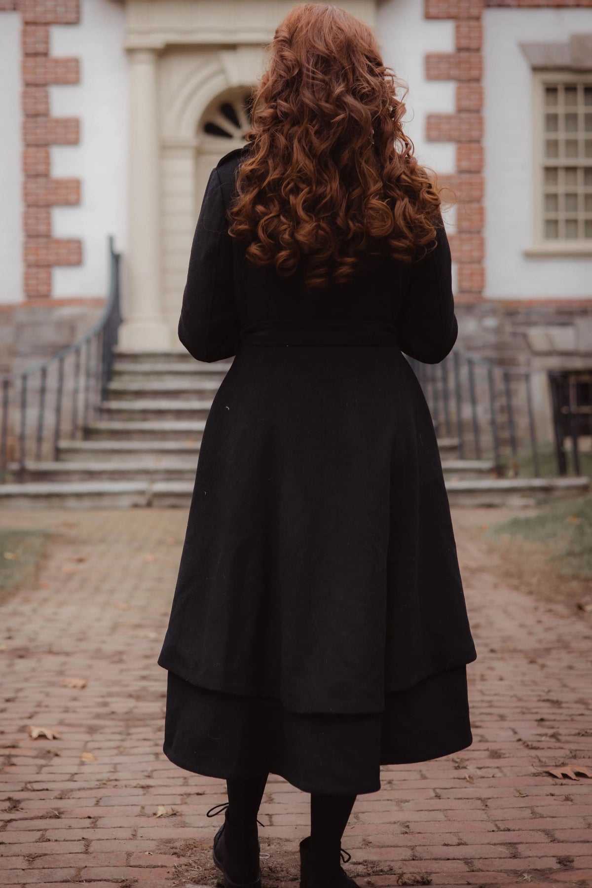 Black Wool Blend Long Coat - Asymmetrical Hem with Stand Collar 3257