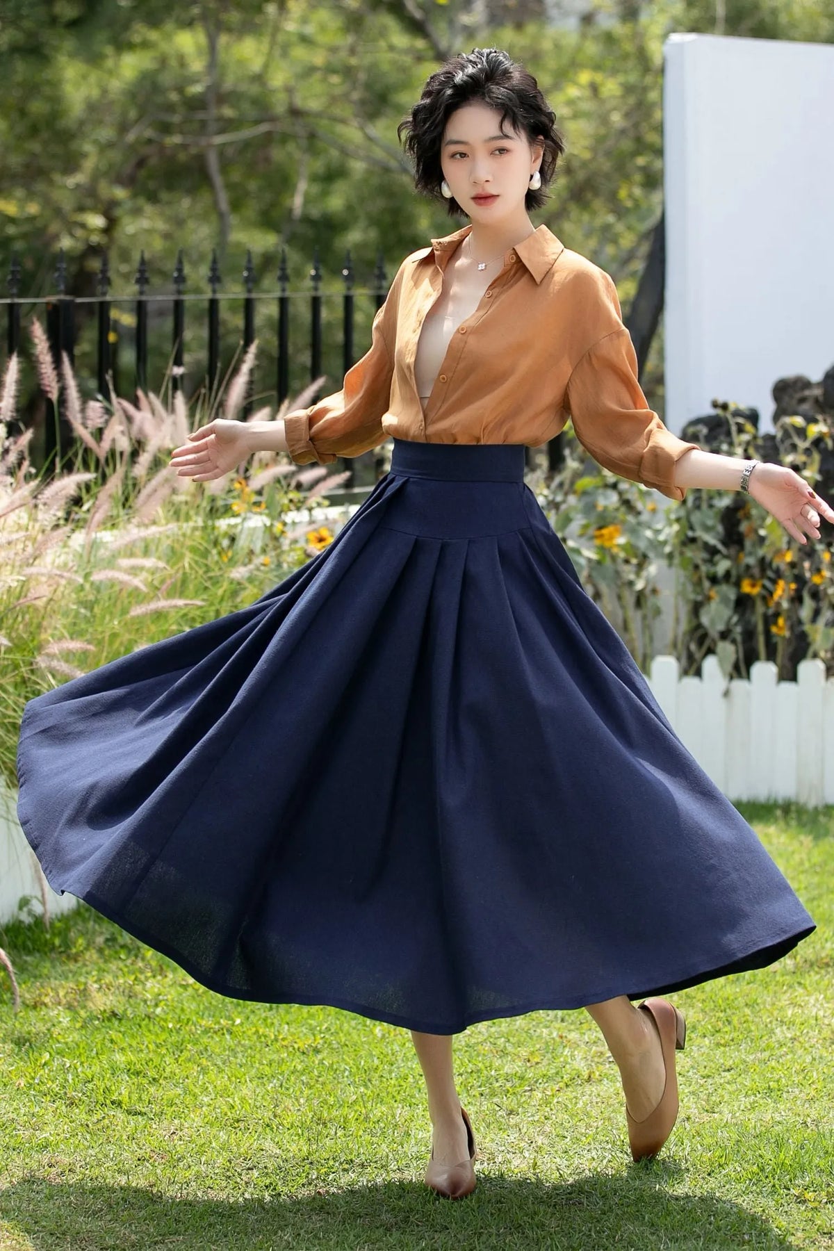Deep Navy Linen Cotton Midi Skirt High Waist 