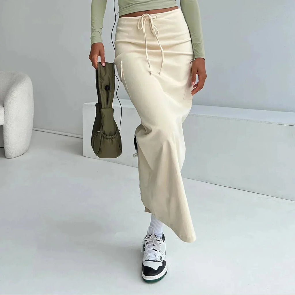 Y2K Cargo Drawstring Bodycon Slit Maxi Skirt