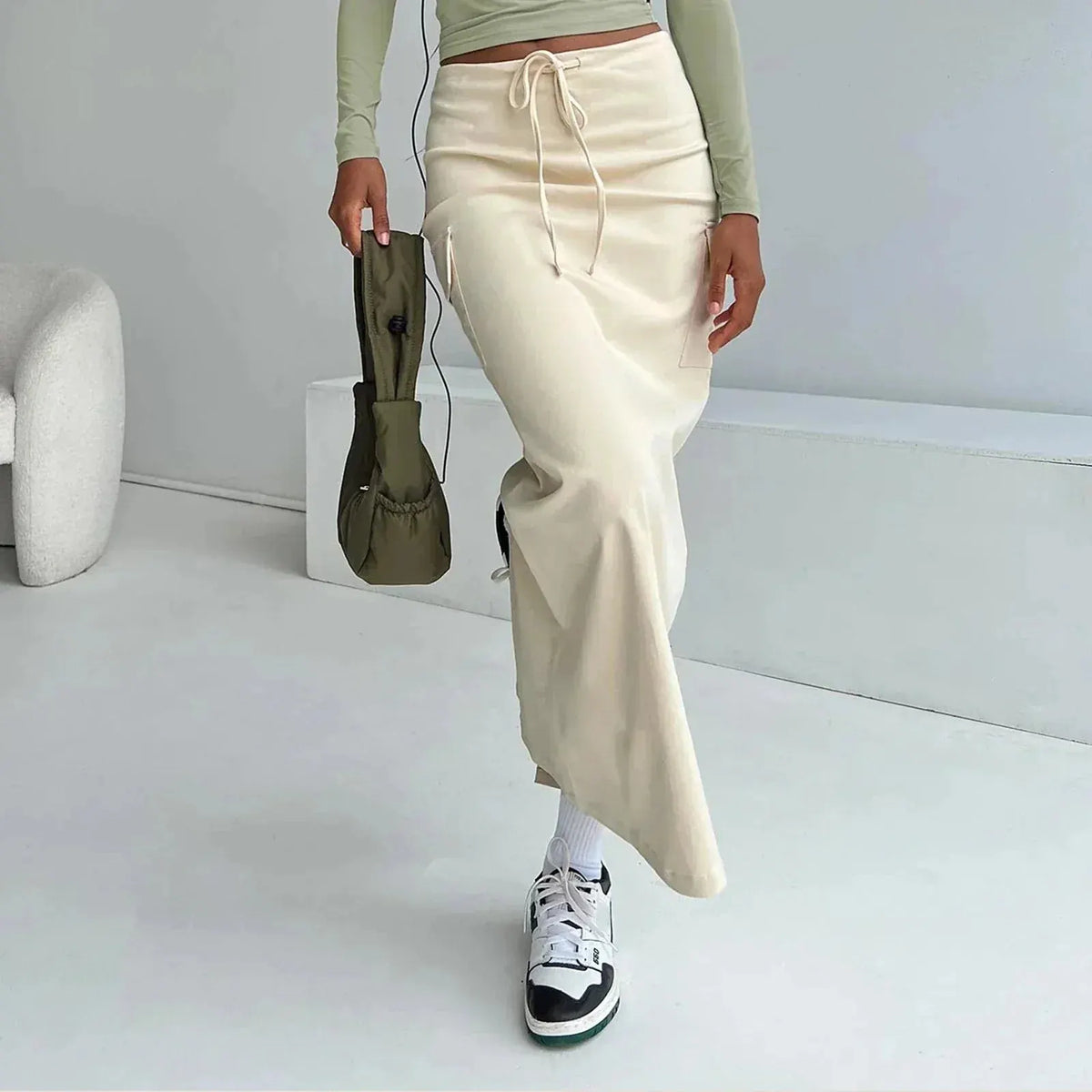 Y2K Cargo Drawstring Bodycon Slit Maxi Skirt