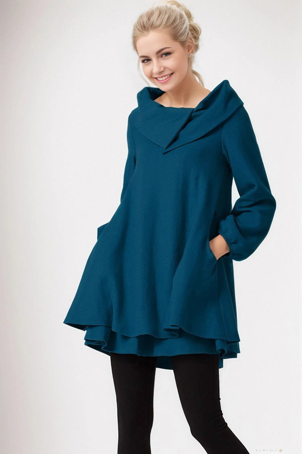 Teal Wool Tunic Dress - Oversized Fit with Asymmetrical Collar 5208