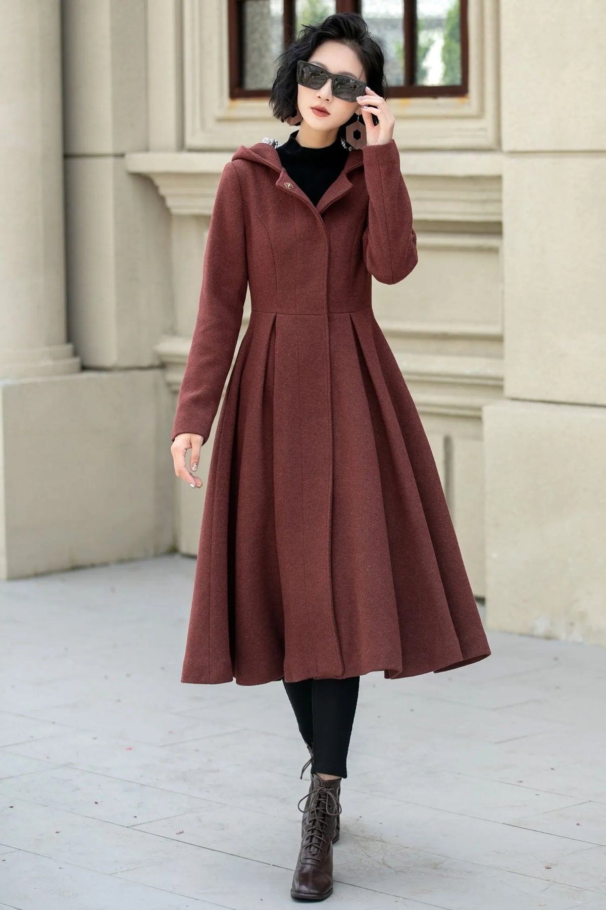 Rust Wool A Line Winter Coat - Hooded Swing Silhouette 5347