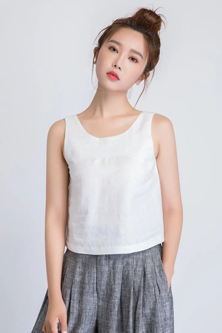 White Linen Sleeveless Top - Loose Fit, V Back 1946