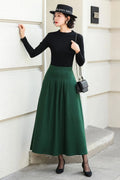 Green Wool Blend A-Line Ankle Length Skirt - High Waist Flowy 6973