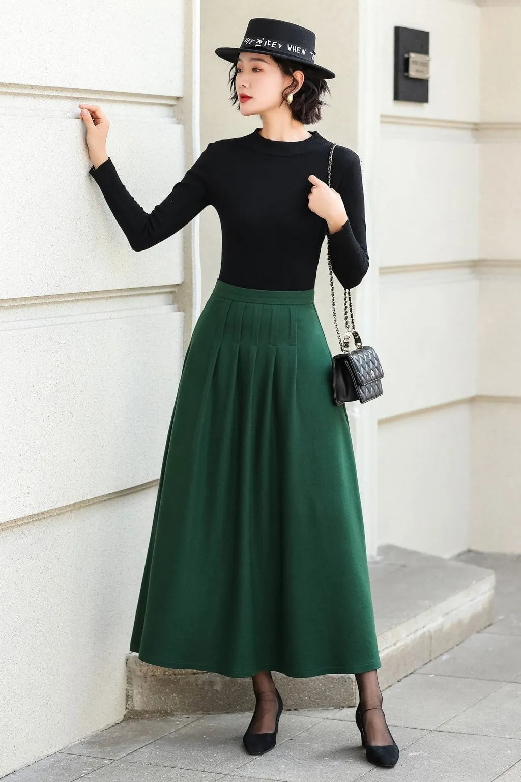 Green Wool Blend A-Line Ankle Length Skirt - High Waist Flowy 6973