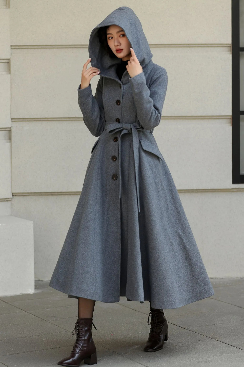 Gray Wool Long Coat - Hooded, Tie Belt, Fitted Waist 6535