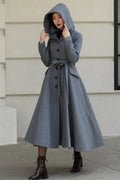 Gray Wool Long Coat - Hooded, Tie Belt, Fitted Waist 6535