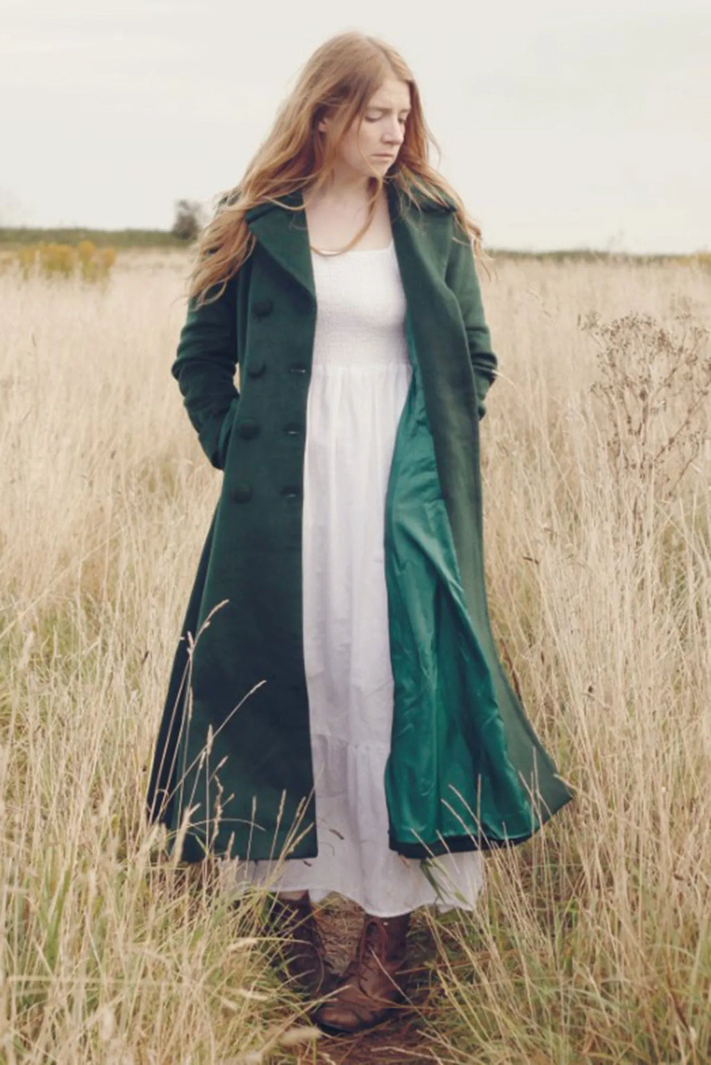 Green Wool Maxi Coat - Double Breasted Flare Silhouette 3185