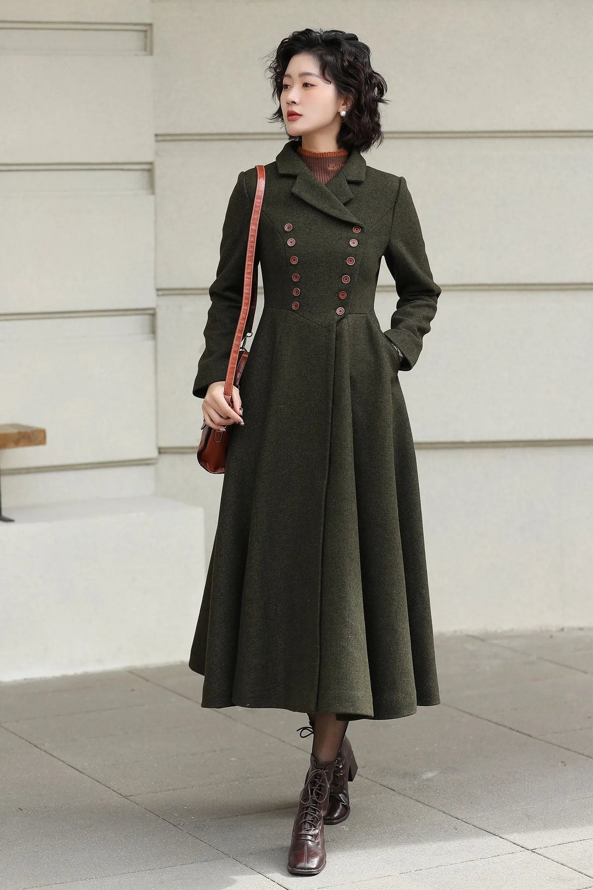 Xiaolizi Olive Green Handmade Wool Coat – Vintage A-Line Double Breasted Winter Coat 6611