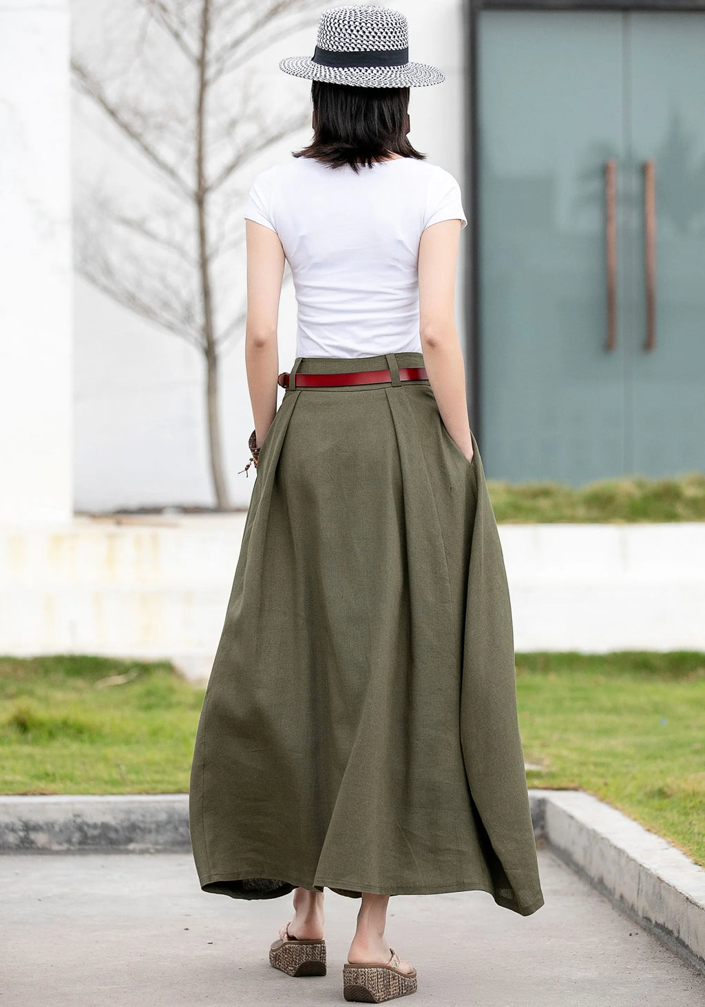 Olive Green Linen Cotton Skirt – Handmade A-Line Maxi Skirt for Women 