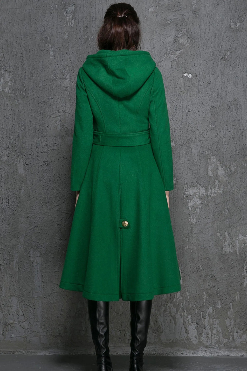 Army Green Wool Coat - Double-Breasted A-Line with Hood 1346