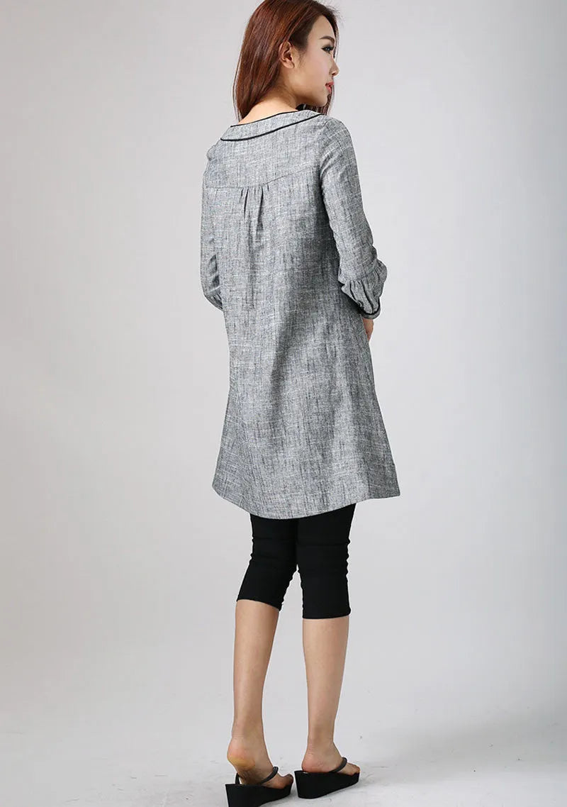 Grey Linen Cotton Tunic Dress – Women’s Loose Fit Long Sleeve Casual Dress 0783