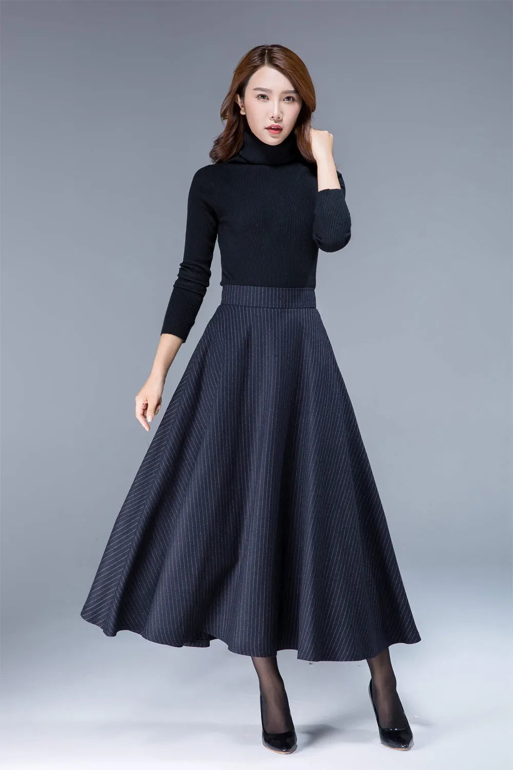 Navy Wool Maxi Skirt - Flowy Silhouette with Side Pockets 1808
