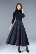 Navy Wool Maxi Skirt - Flowy Silhouette with Side Pockets 1808