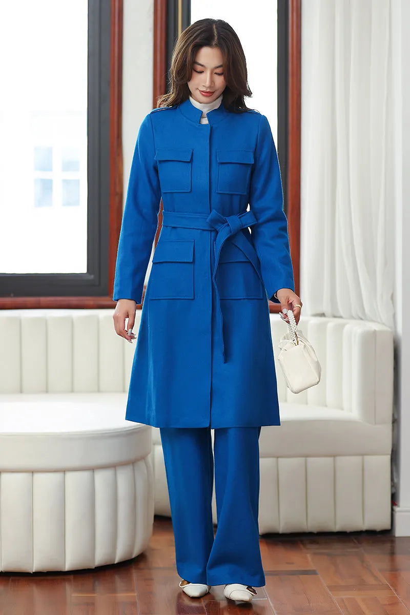 Blue Wool Coat and Wide Leg Pants - Elegant A-Line Silhouette 4028