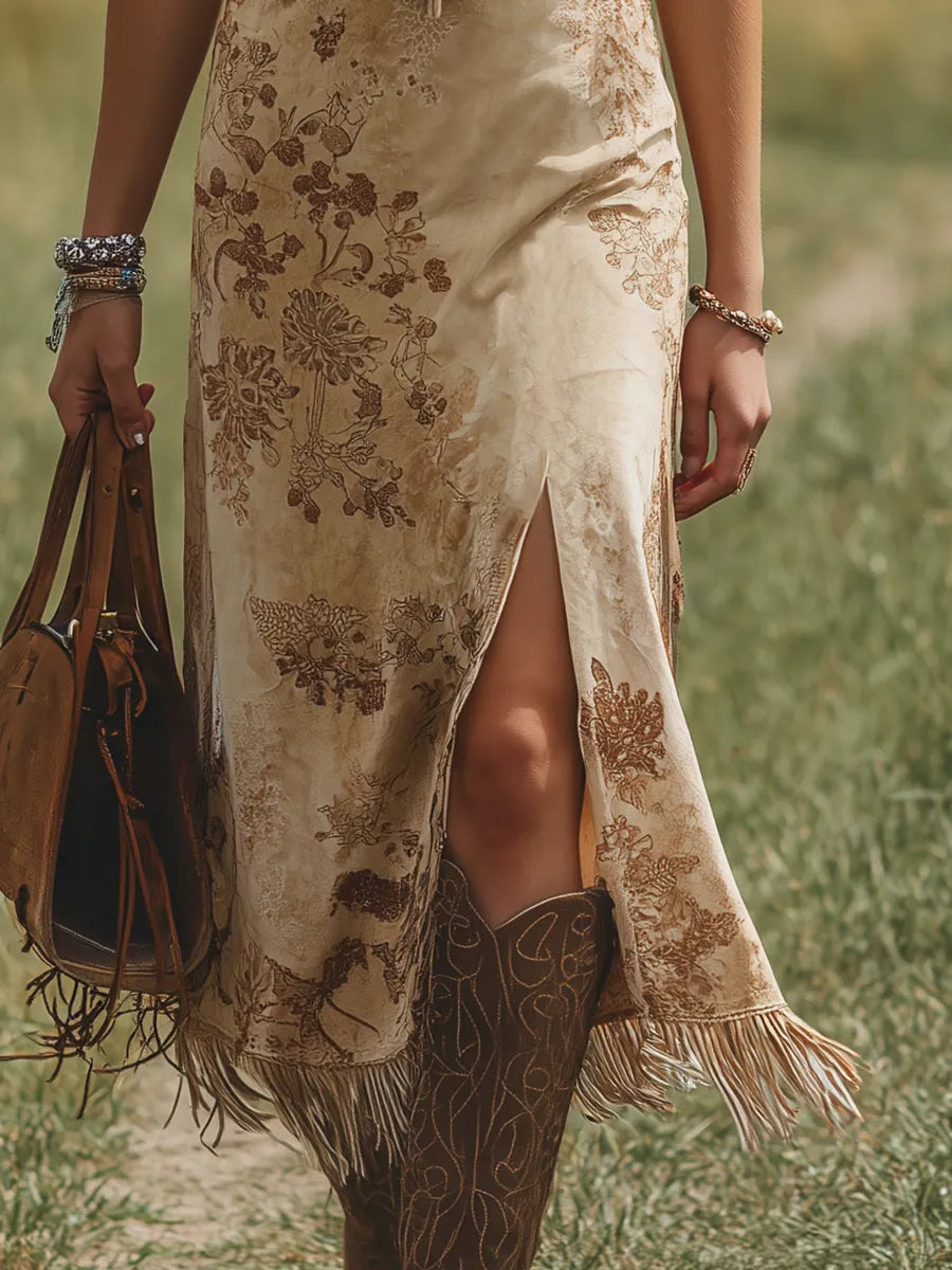 Bohemian V-Neck Fringe Sleeveless Printed Faux Suede Midi Dress