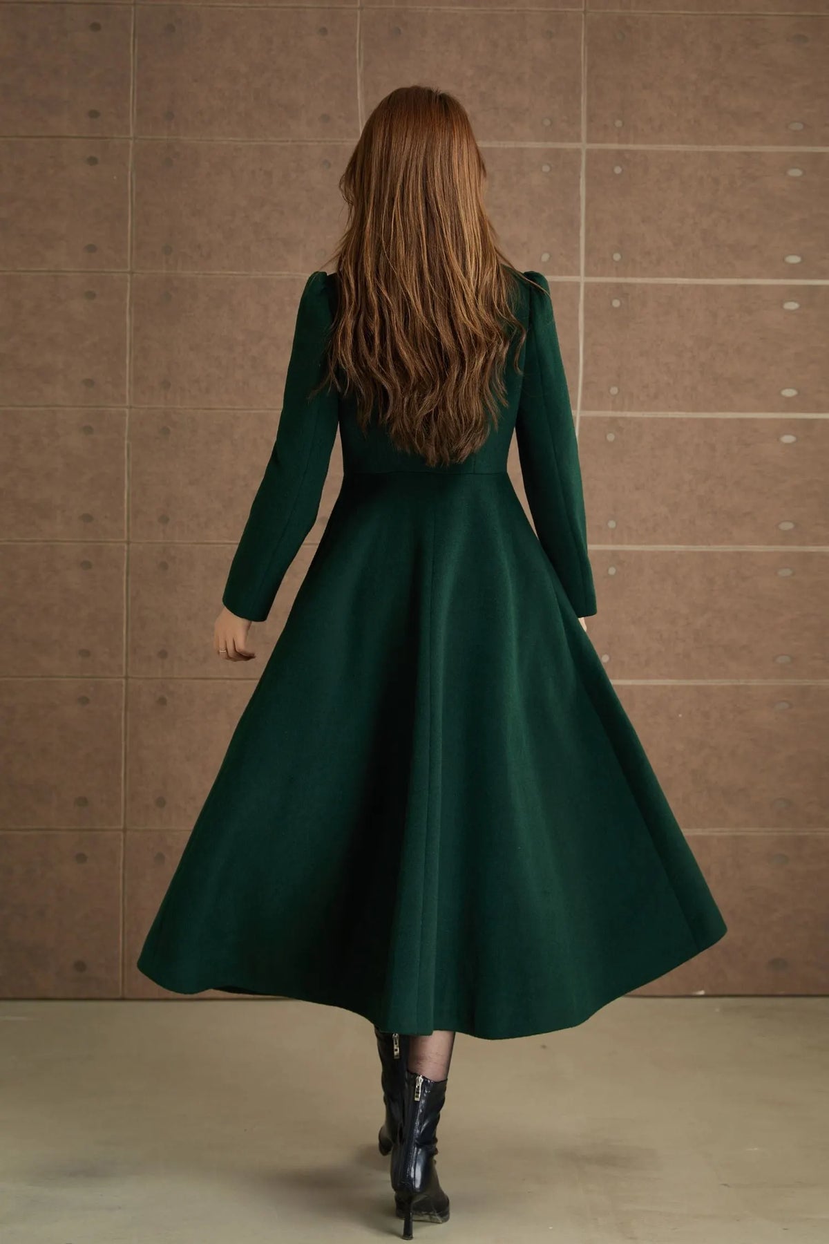 Green Wool Midi Coat - Fit and Flare Double Breasted Winter Outerwear 5368