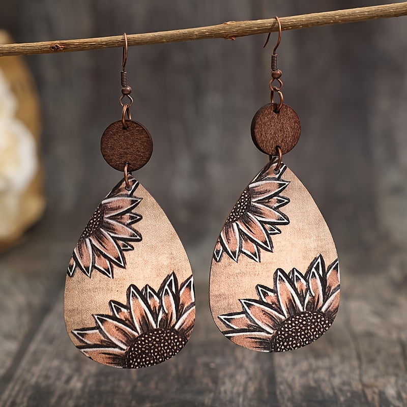Unique Droplet Shape Wooden Dangle Earrings - Retro Bohemian Style, Sunflower Print, Trendy Female Ear Ornaments with Na
