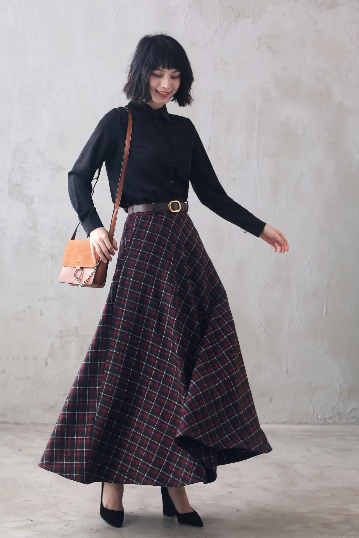 Plaid Wool Maxi Skirt - Vintage British Tartan High Waist Pleated 3100