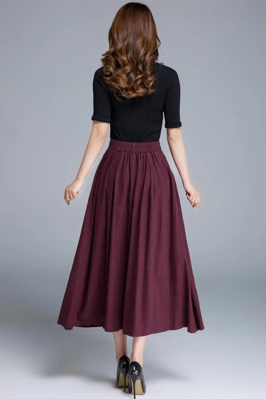 Burgundy Linen Maxi Skirt - High-Waist A-Line Pockets 
