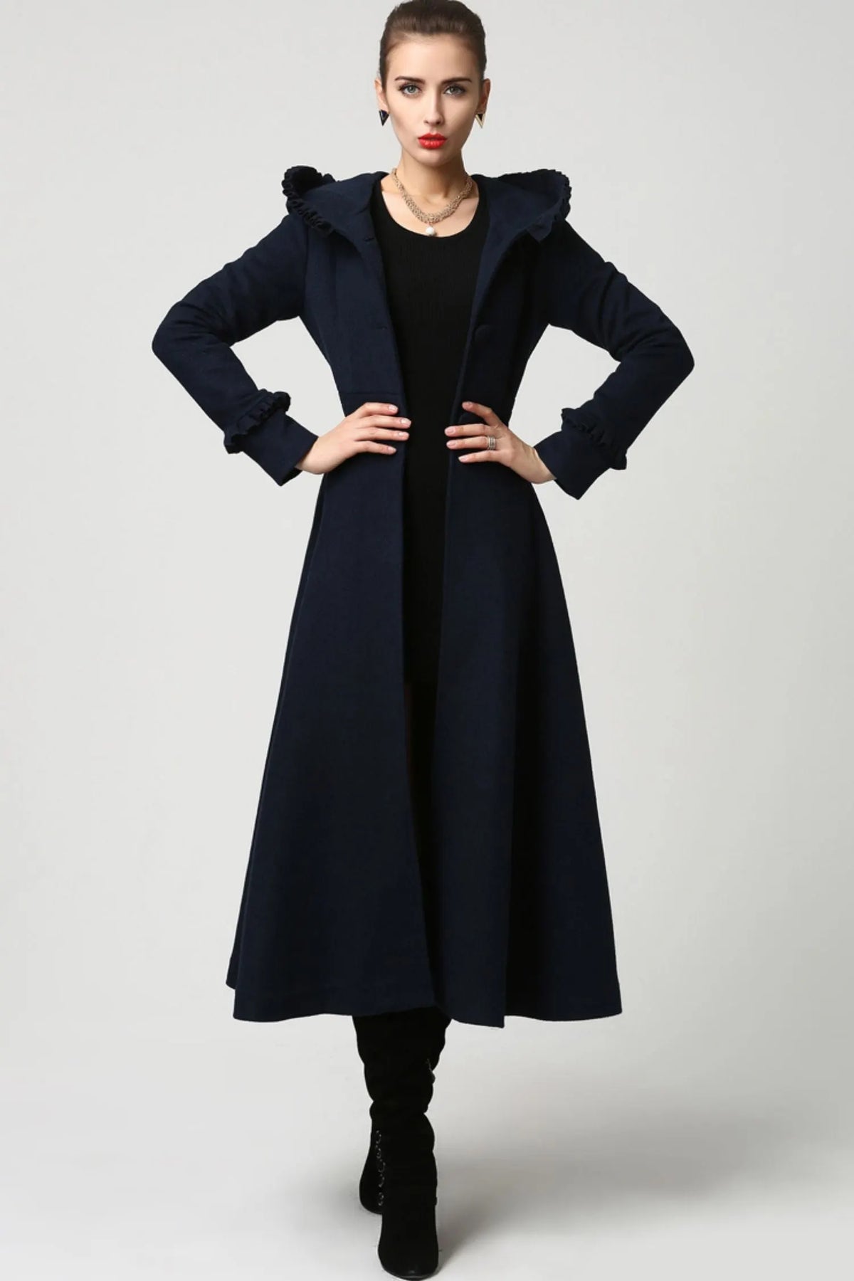 Navy Hooded Wool Maxi Coat – Ruffle Trim Fit & Flare Winter Coat 