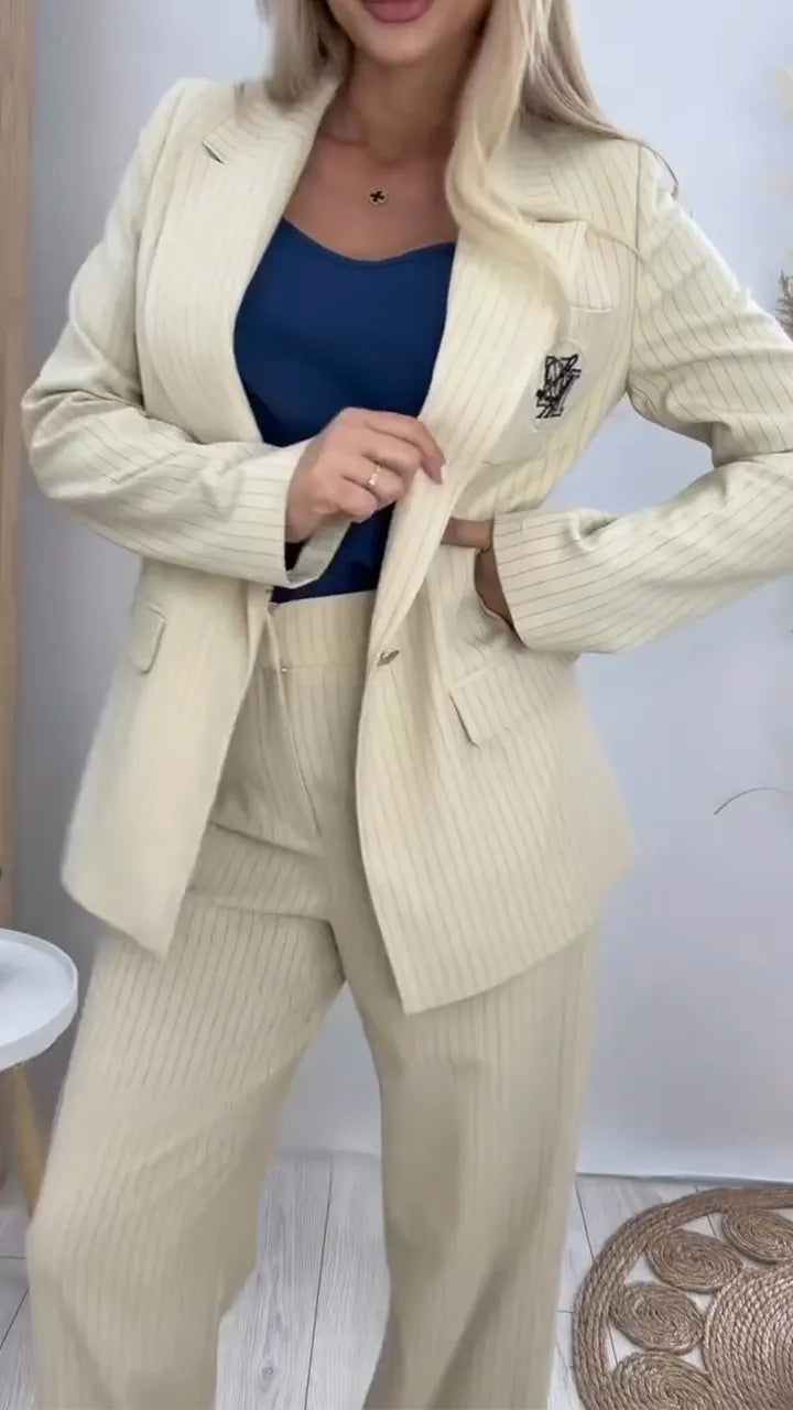 Women Collar Vertical Stripe Temperament Commuting Suit