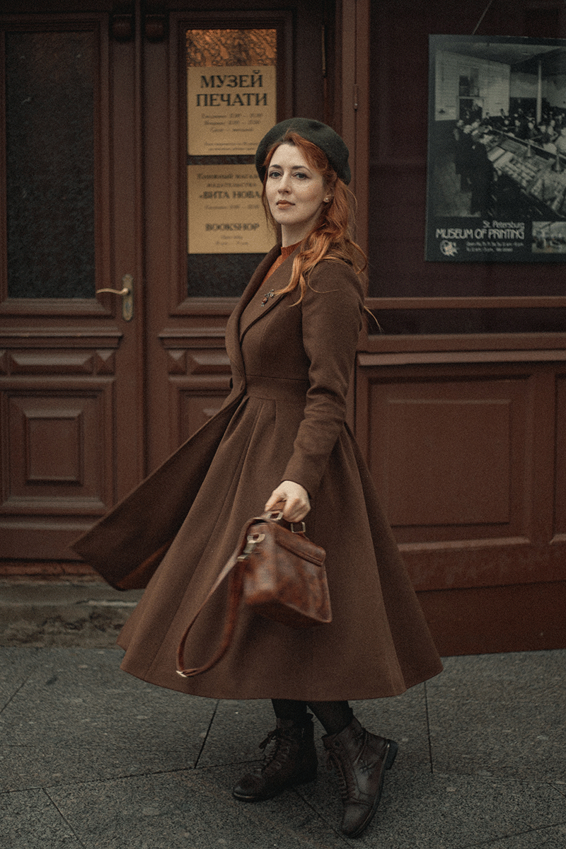 Brown Wool Blend Coat – Handmade Pleated Long Winter Dress Coat 