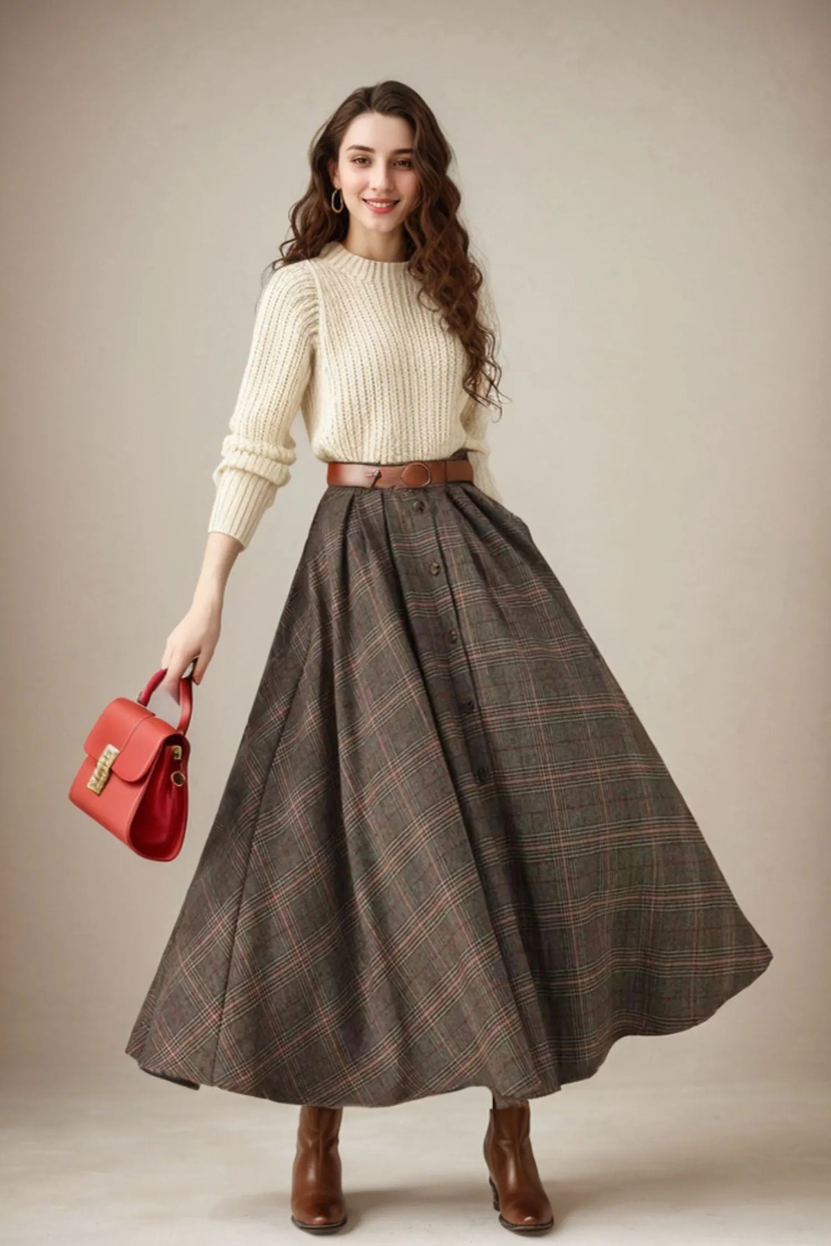Plaid Wool Maxi Skirt – Handmade Brown Winter Full Skirt with Pockets 