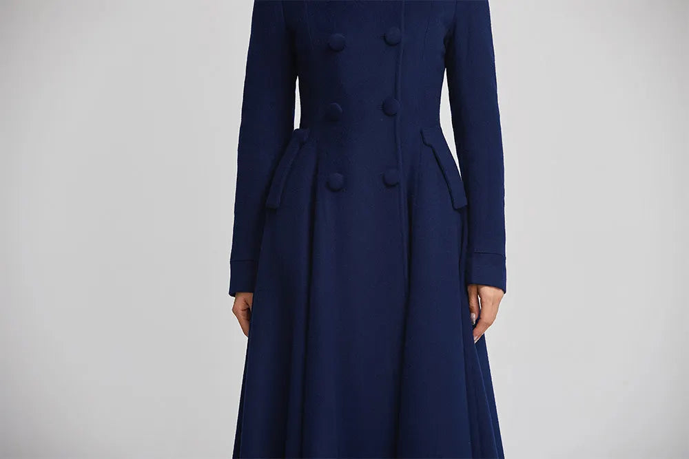 Blue Wool Coat - Double Breasted, Flared Winter Elegance 2250