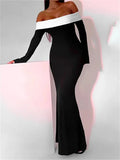 Sexy Women Slash Neck Off Shoulder Sleeve Contrast Color Slim Fit Party Formal Female Vestidos
