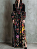 Boho Floral Print Velvet Long Sleeve Gown Maxi Dress With Lace Trim