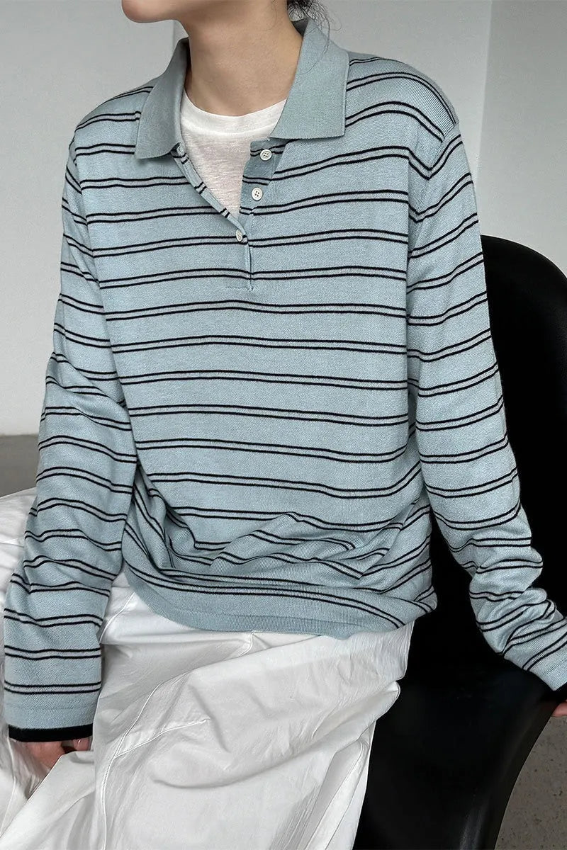 Soft Wool Striped Polo Collar Long Sleeve Long Sleeve Tee