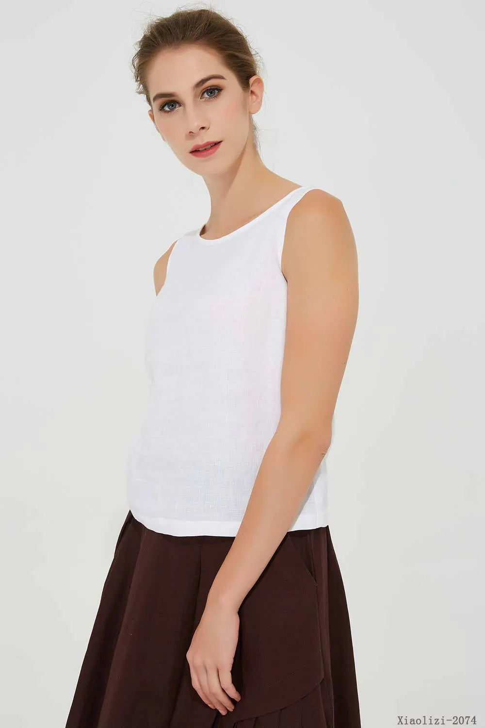 White Linen Sleeveless Tank Top - Soft Round Neck Summer Blouse 2074