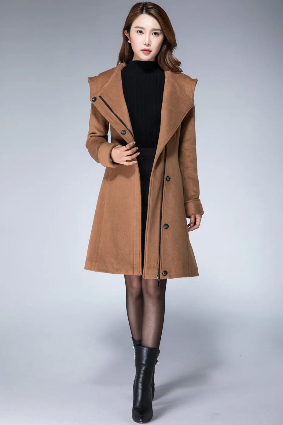 Camel Wool Blend Hooded Coat – Handmade Short Winter Jacket 1864