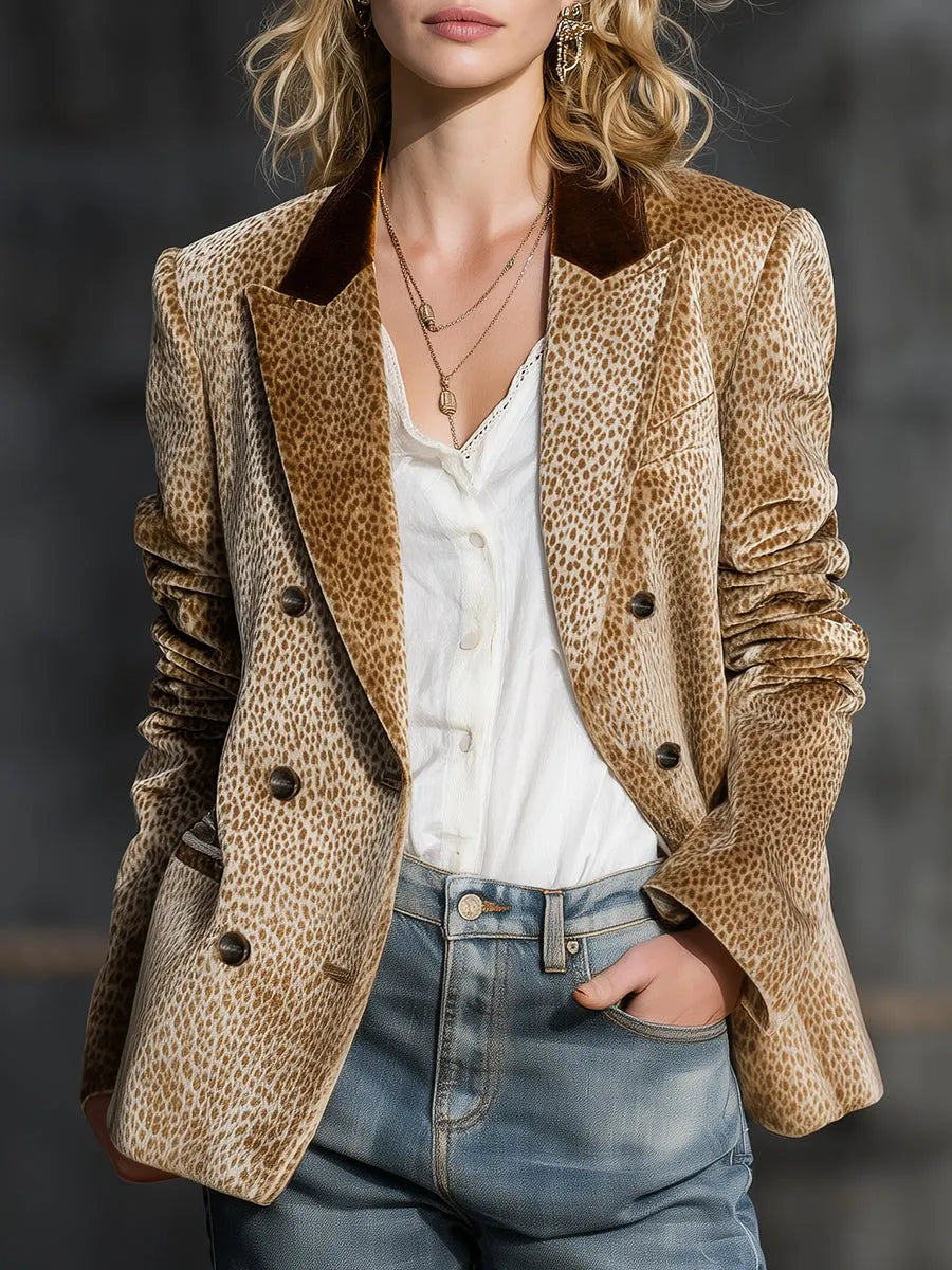 Retro And Fashionable Leopard Print Color-block Collar Velvet Blazer