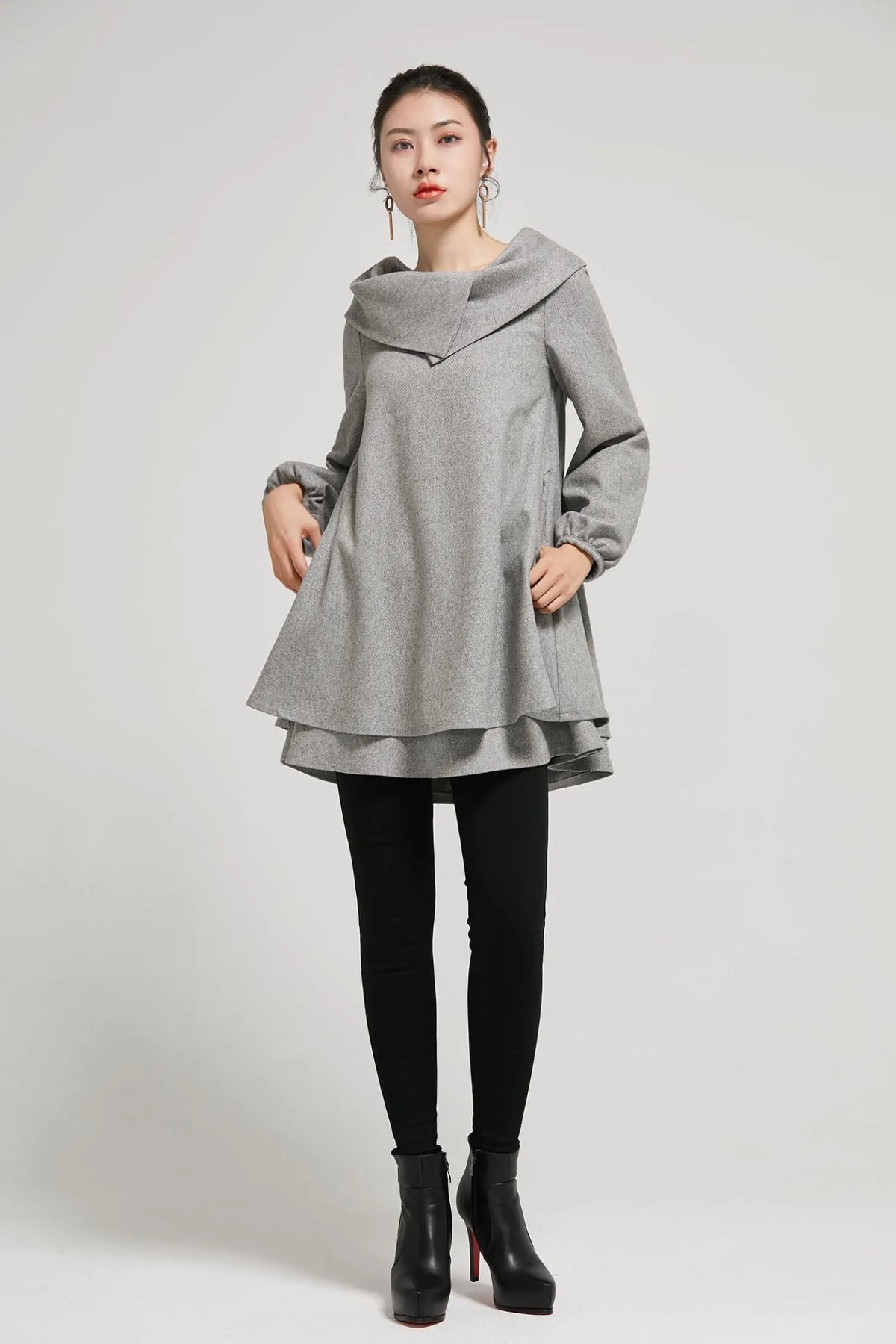 Grey Wool Tunic Dress - Asymmetric Collar & Oversized Silhouette 2310