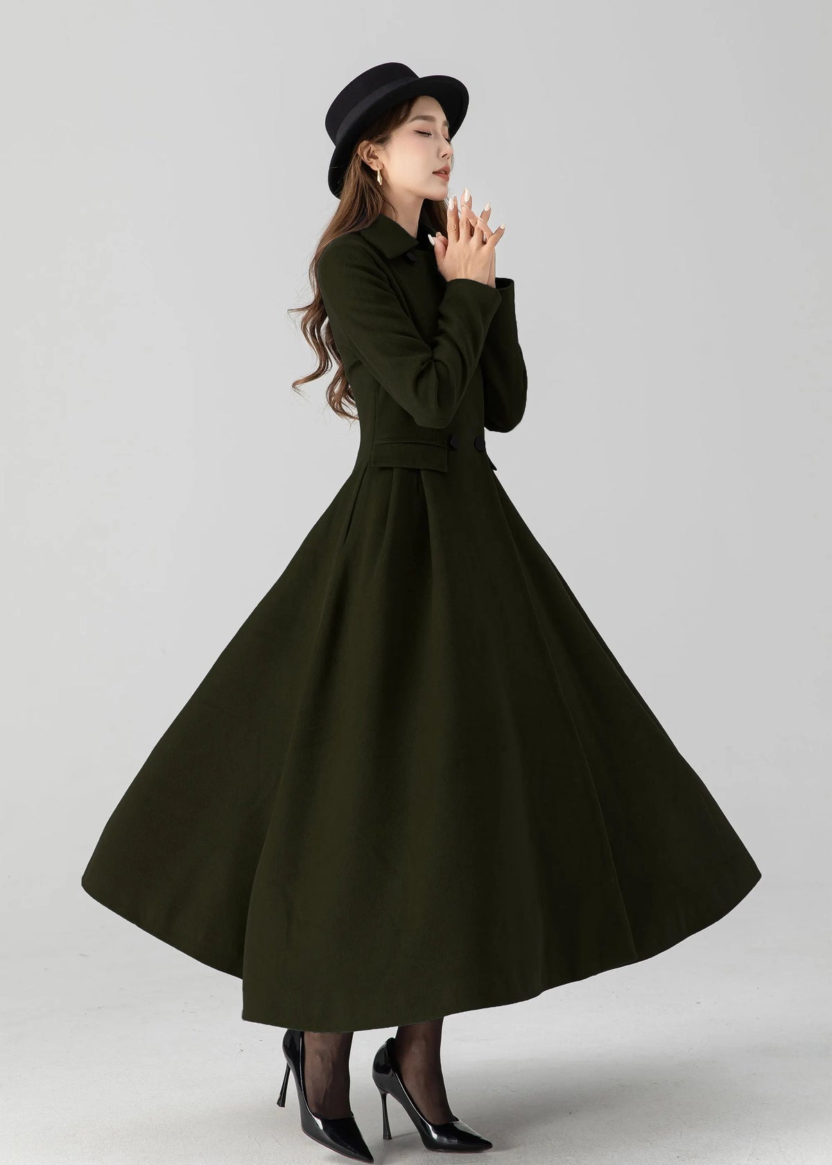 Army Green Wool Long Coat - Vintage Inspired A-Line Swing 5505