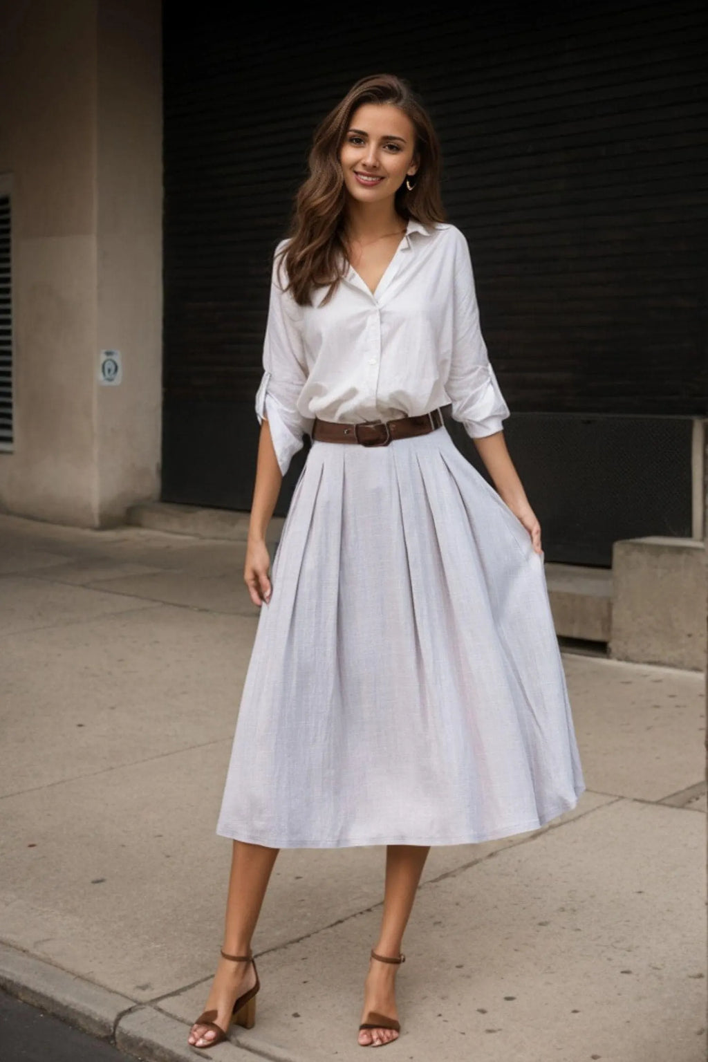 Light Grey Cotton Linen Midi Skirt - Pleated A-Line High Waist 3544