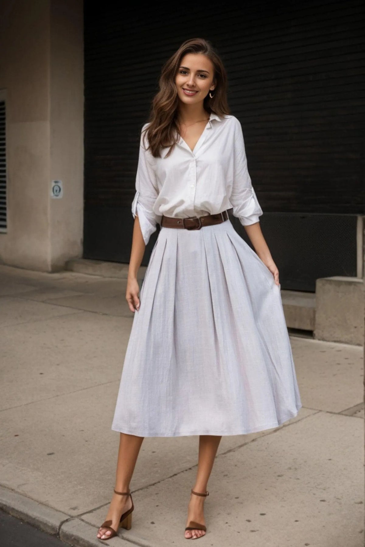 Light Grey Cotton Linen Midi Skirt - Pleated A-Line High Waist 3544