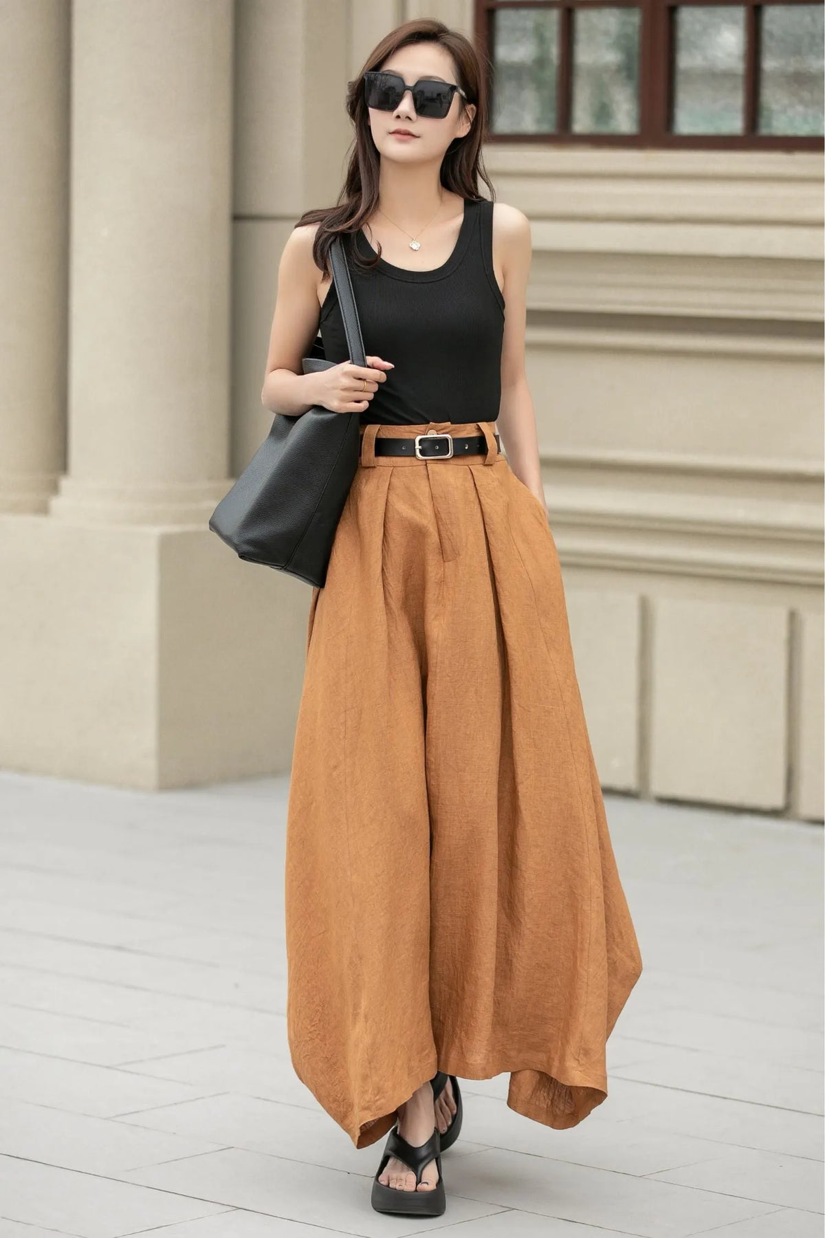 Camel Linen Skirt – Handmade High Waist Long Summer Skirt 