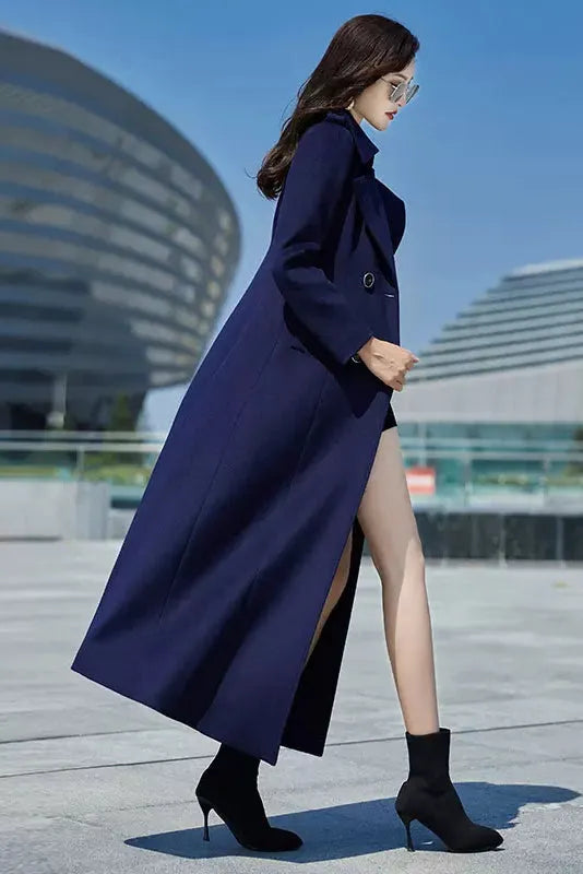 Navy Blue Wool Coat – Long Double Breasted Fit & Flare Winter Overcoat 