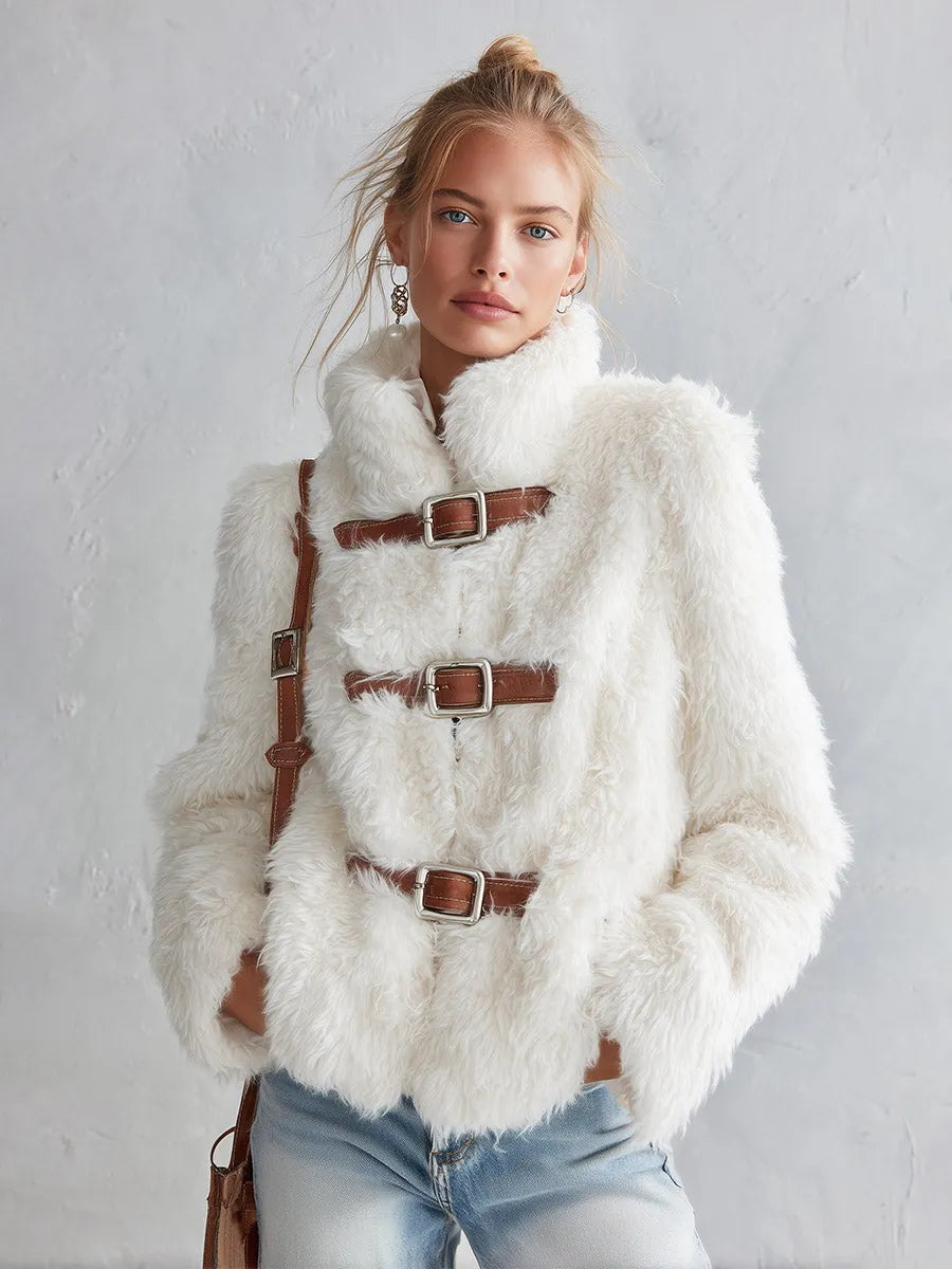 Luxurious White Stand-collar Faux-fur Short Coat