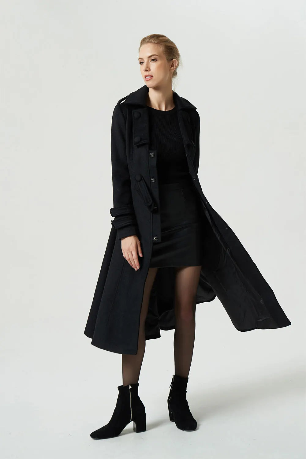 Black Wool Coat - Fit and Flare Midi Winter Overcoat 1982