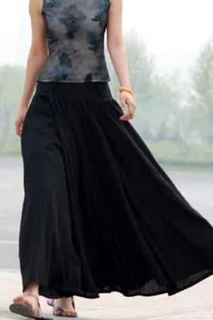 Black Soft Linen Maxi Skirt - High Waisted Full Pleated with Pockets MM67