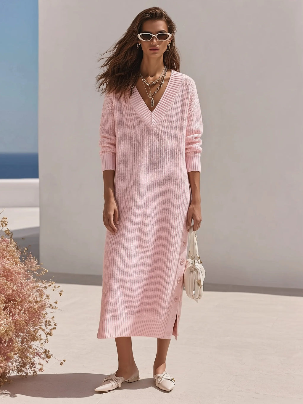 Old Money Resort Light Pink V Ribbed Knit Midi Dress